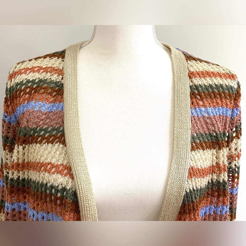 Rue 21 Womens L Brown Tan Stripe Crochet Long Cardigan Sweater Boho Eclectic Y2K - Picture 3 of 10
